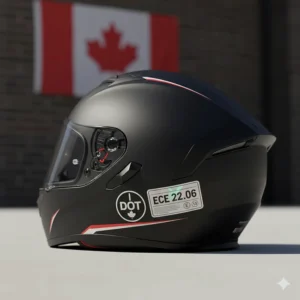Illustration showing DOT and ECE 22.06 safety certifications on a full face helmet under 300 Canada.