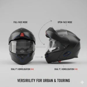 A diagram showing the chin bar action of a touring modular helmet, highlighting its versatility for urban commuting and highway touring.
