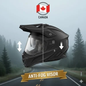 Illustration showing anti-fog technology on an adventure helmet, essential for unpredictable Canadian spring and autumn riding.