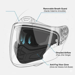 A removable breath guard (garde-haleine) inside a dual sport helmet to prevent visor fogging during cold Canadian morning rides.