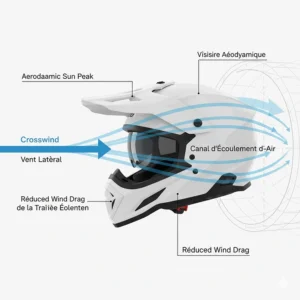 Aerodynamic sun peak on a dual sport helmet designed to reduce wind drag during long hauls on the Trans-Canada Highway.