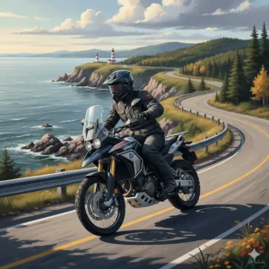 Illustration of a dual sport rider on the Gaspé Peninsula (Gaspésie), Quebec, wearing cold-weather gear and a snow-rated helmet.