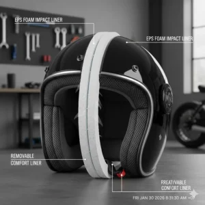 Cross-section view of high-density EPS foam inside a half helmet designed for maximum impact protection.
