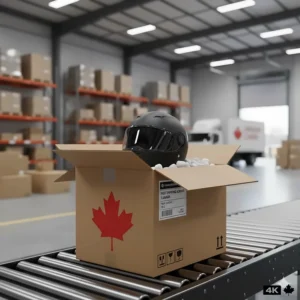 Illustration of a helmet box with a maple leaf icon representing fast shipping across Canada from Ontario to BC.