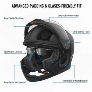 Cutaway view of soft inner padding designed for eyewear accommodation in modular motorcycle helmets.