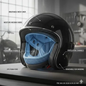 Internal view of a motorcycle half helmet showing breathable, moisture-wicking liners ideal for humid Ontario or BC summers.
