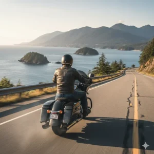 A biker wearing a matte black DOT approved half helmet riding along the British Columbia coastline.