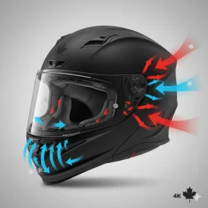 Technical drawing of air vents on an affordable full-face helmet to prevent fogging in cool Canadian climates.