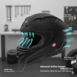 Diagram showing airflow through top vents of a quiet full face helmet, maintaining silence while providing cooling for Canadian summer riding.