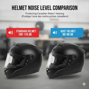 Infographic comparing the decibel ratings of a standard helmet versus a specialized quiet full face motorcycle helmet.