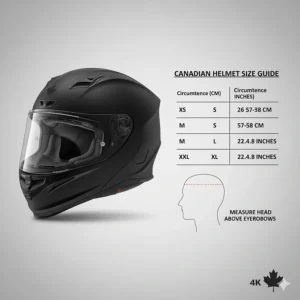 A head measurement guide in centimeters and inches for buying full face helmets online in Canada.