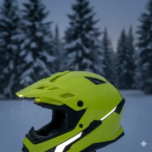 A fluorescent yellow winter motorcycle helmet with reflective accents for increased safety during dark Canadian winter commutes.