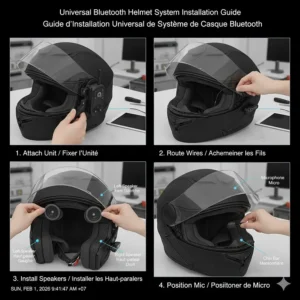 A step-by-step graphic showing the installation of a universal bluetooth helmet system into a modular helmet.