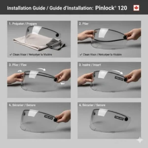 Step-by-step illustration of installing a Pinlock 70 or 120 insert onto a motorcycle helmet shield.