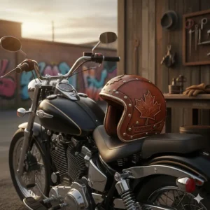 Custom leather-wrapped cruiser helmet reflecting Canadian biker culture and craftsmanship.