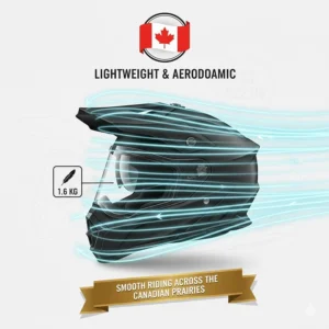 Aerodynamic illustration of a lightweight adventure touring helmet designed for long-distance highway travel across the Canadian Prairies.