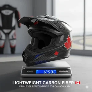 Illustration of a lightweight carbon fiber motocross helmet being weighed, highlighting performance features for competitive Canadian MX racing.