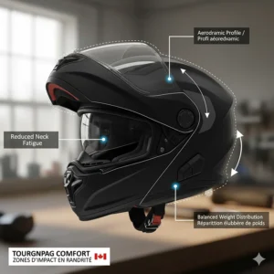 Illustration of an aerodynamic modular helmet profile designed to reduce neck fatigue on long rides across the Trans-Canada Highway.