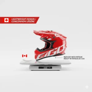 Lightweight youth dirt bike helmet designed to reduce neck strain for young Canadian riders.