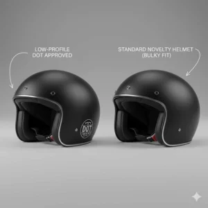 Comparison illustration showing a low-profile, non-mushroom look DOT approved half helmet versus a standard novelty lid.