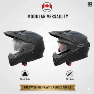 Illustration showing the versatility of the best value adventure helmet for both paved highways and rugged Canadian backcountry trails.