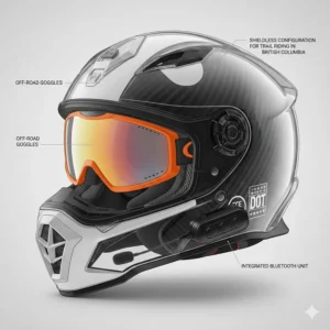 A diagram showing an adventure motorcycle helmet with the shield removed to accommodate off-road goggles for technical trail riding in British Columbia.