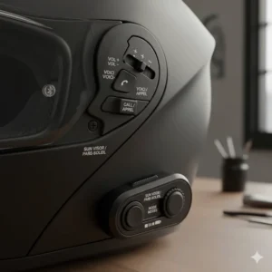 Close-up illustration of helmet controls with bilingual English and French instructions for Canadian riders.