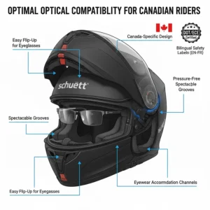 Illustration showing the flip-up mechanism of a modular helmet providing easy access for riders with eyeglasses.