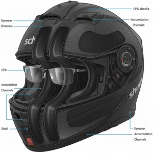 Cross-section view of eyewear accommodation channels inside a glasses-friendly motorcycle helmet.