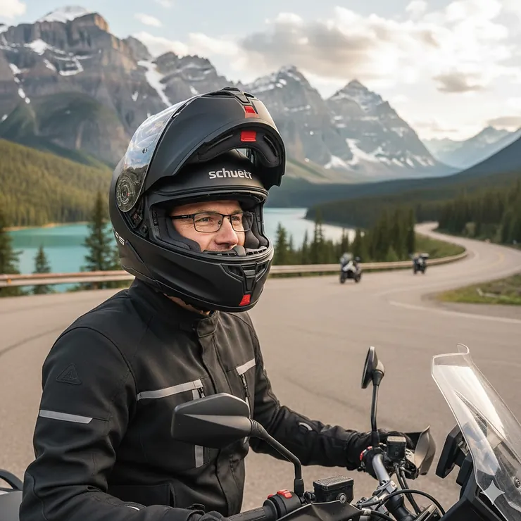 A motorcycle rider wearing a modular helmet for glasses wearers with spectacle grooves, overlooking a Canadian mountain landscape.