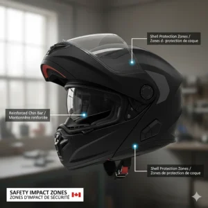 Illustration highlighting the reinforced chin bar and shell protection zones of a top-rated modular helmet.