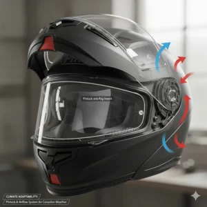 Illustration of modular helmet airflow and Pinlock anti-fog inserts for riding in humid Canadian coastal climates.