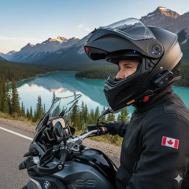 Professional golfer using a low spin driver for high swing speed on a scenic mountain golf course in Alberta, Canada. modular helmet with bluetooth