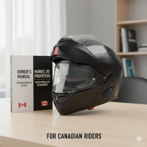 A touring modular helmet next to an owner’s manual featuring English and French text for Canadian riders.