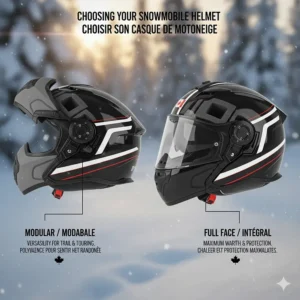 Comparison diagram of modular and full-face styles to help riders choose the best snowmobile helmet for Canadian trail riding.