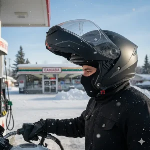 A modular winter motorcycle helmet in the open position, allowing for easy communication and airflow during stops in a Canadian winter tour.