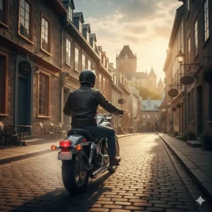 A motorcycle enthusiast wearing a DOT approved half helmet riding past the historic architecture of Old Quebec City.