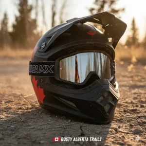 Close-up illustration of a wide eyeport on a motocross helmet ensuring a perfect seal with riding goggles for dusty Alberta trails.