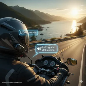 Illustration of a rider receiving voice-guided GPS directions through a bluetooth helmet system on a coastal BC road.
