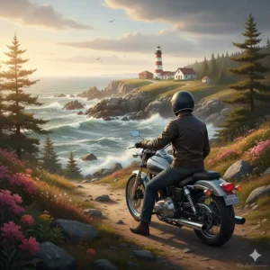 Illustration of a rider with a DOT approved half helmet looking out over a lighthouse on the rugged Nova Scotia coast.