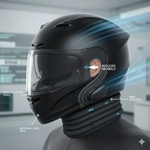 Technical diagram showing how a quiet full face motorcycle helmet deflects wind to reduce decibel levels during highway speeds.