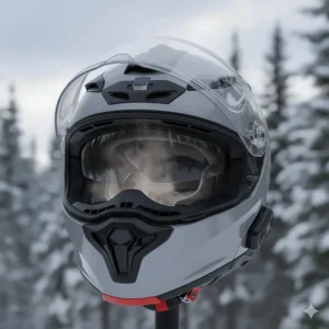 Internal view of a winter motorcycle helmet featuring a breath box and chin curtain to prevent fogging and block cold Canadian wind.