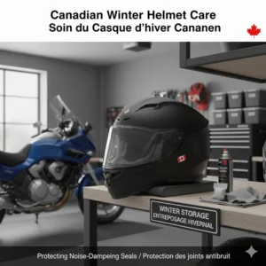 Illustration of proper storage for a high-end quiet motorcycle helmet during the Canadian off-season to protect the noise-dampening seals.