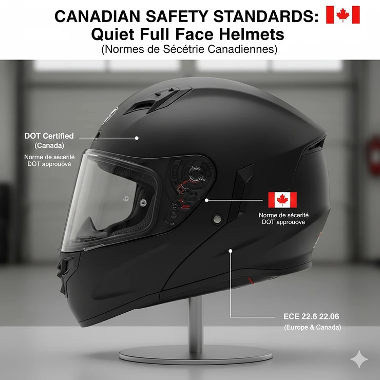 Illustration showing the DOT and ECE safety stickers on a quiet full face helmet sold in Canada (casque de moto intégral silencieux).quiet full face motorcycle helmet