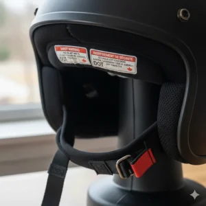 Illustration of Canadian-market helmet liners showing bilingual English and French safety warnings and DOT symbols.