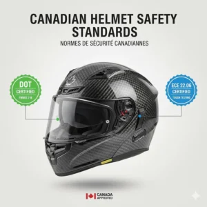 Infographic explaining DOT and ECE 22.06 safety standards for carbon fiber helmets sold in Canada (Sécurité des casques de moto).