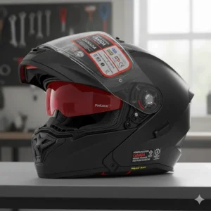 Illustration of a Pinlock-ready helmet with bilingual English and French safety labels common in the Canadian market.