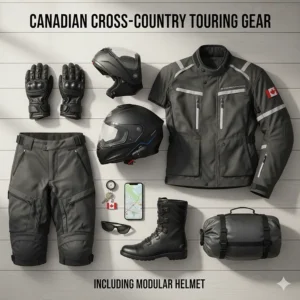 A flat-lay illustration of Canadian cross-country touring gear including gloves, a jacket, and a matte black touring modular helmet.