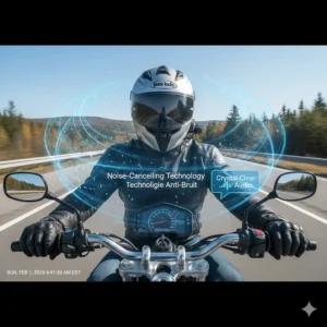 Illustration of wind noise reduction technology in a bluetooth helmet system for high-speed highway travel.