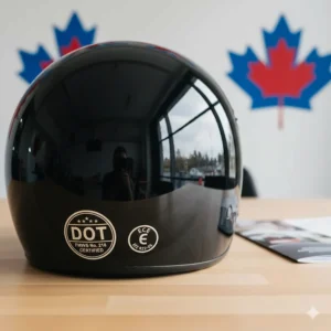 A diagram showing the DOT safety certification logo on an open face helmet sold in Canada.